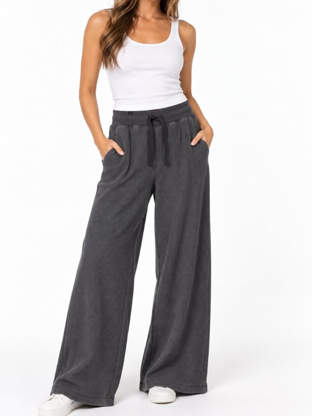 Aerie Waffle Knit Wide Leg Lounge Pants Grey Size L Casual Chic